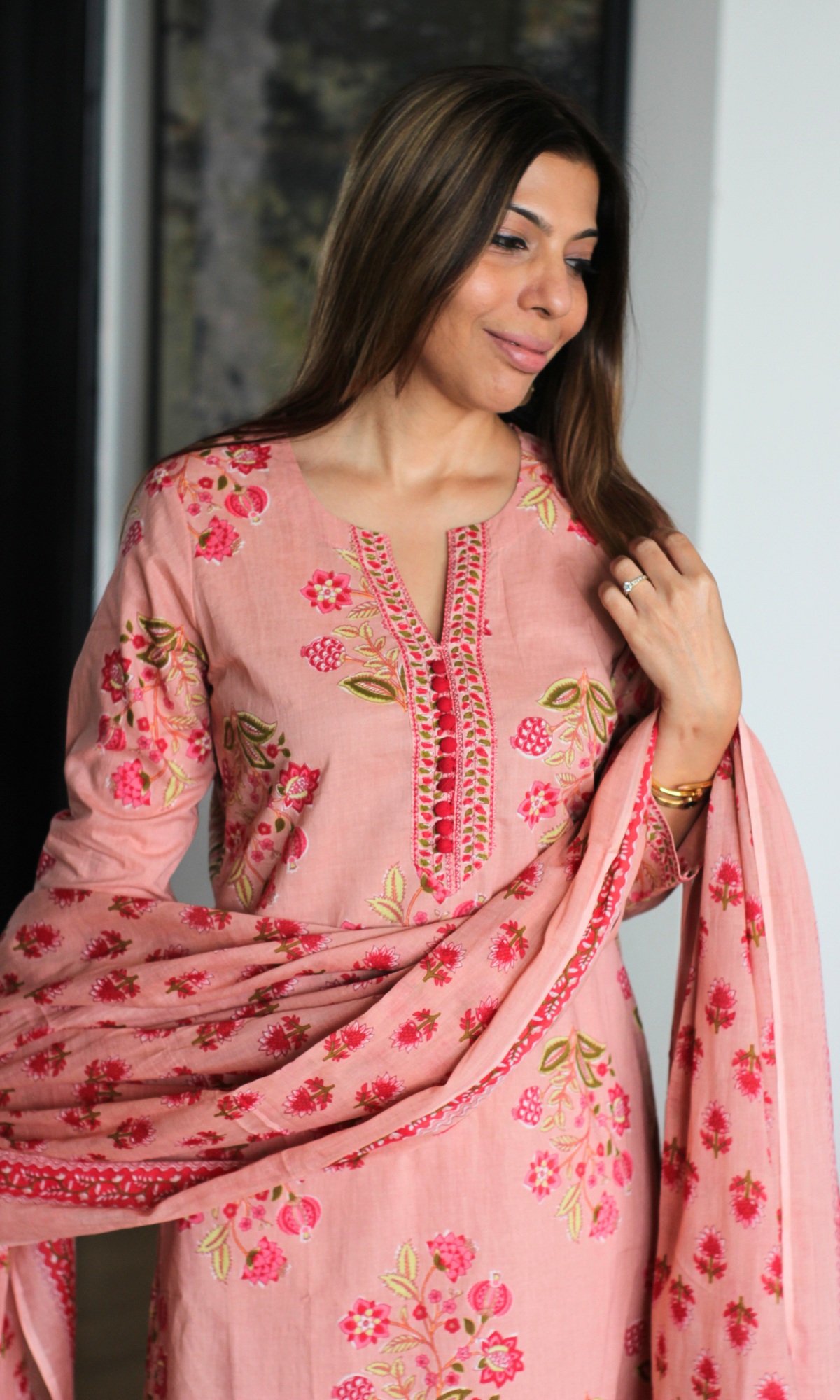 Blush & Red Mughal Print Kurta, Cotton Pants & Cotton Printed Dupatta
