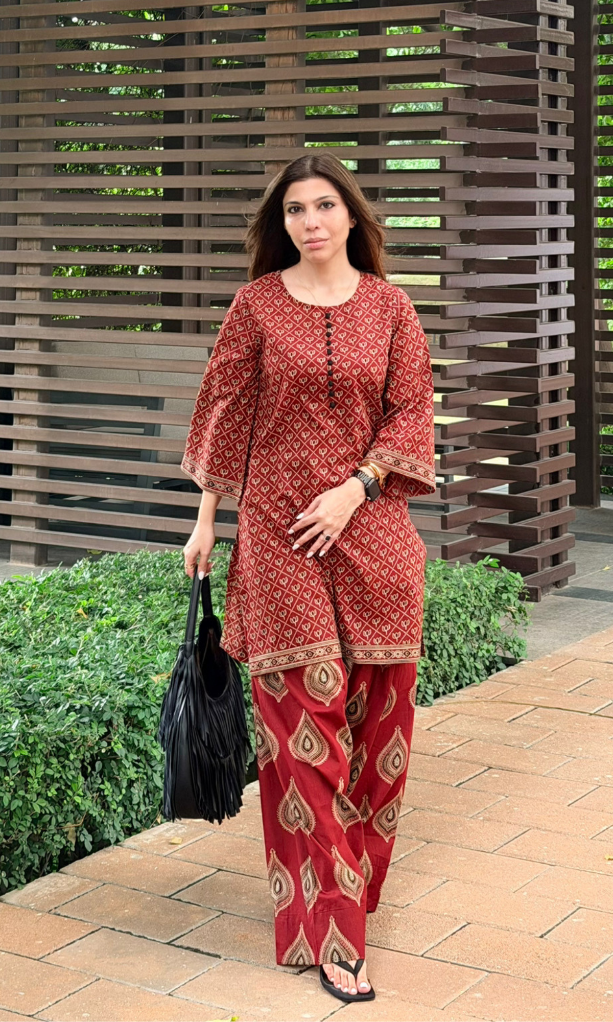 Red Ajrakh Booti Kurta with Farshi
