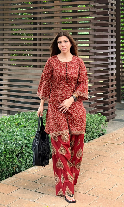 Red Ajrakh Booti Kurta with Farshi