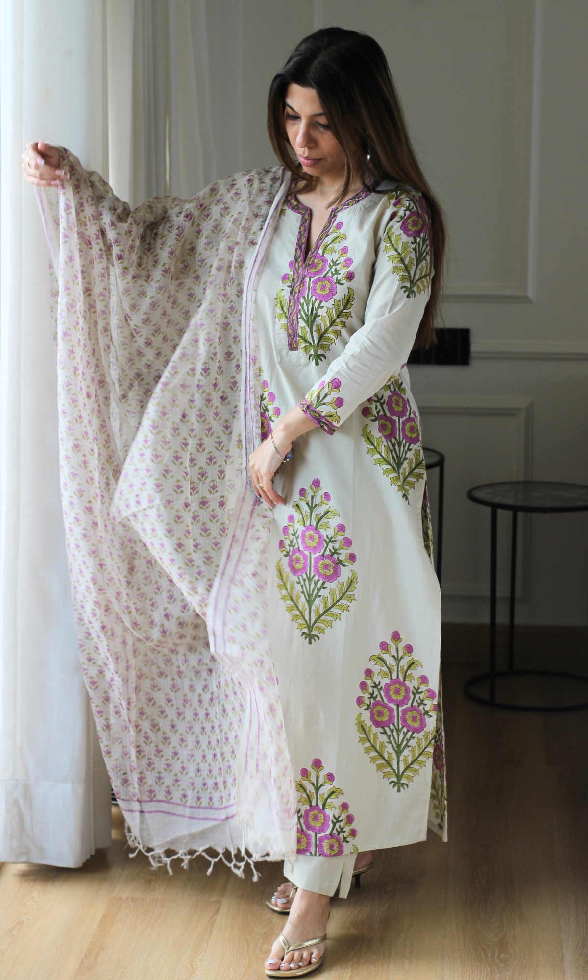 Saira Kahani Mughal Lavender Cotton Kurta, Pant & Kota Doria Handblock Print Dupatta
