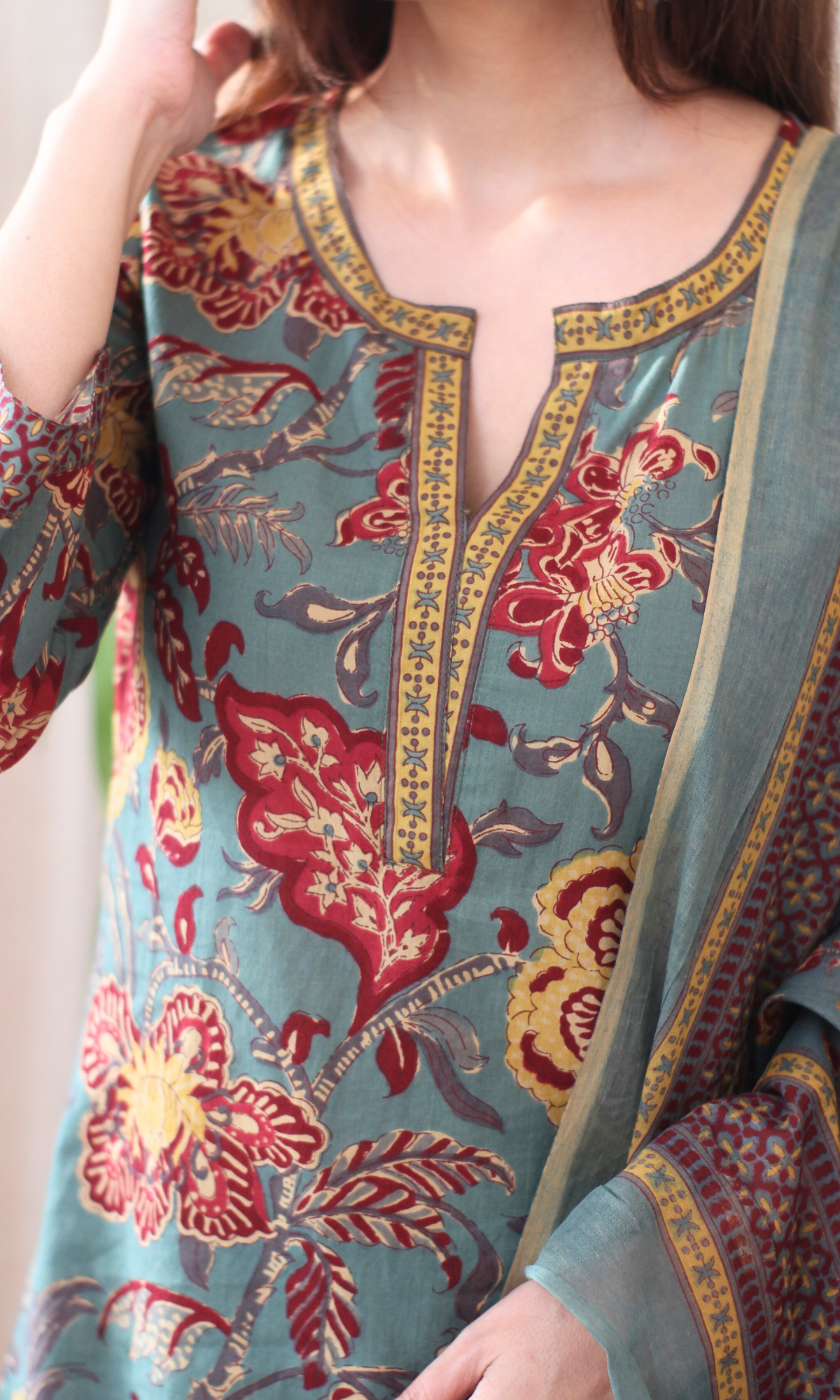 Cotton Dusty Green & Yellow Printed Kurta, Pant & Cotton Dupatta