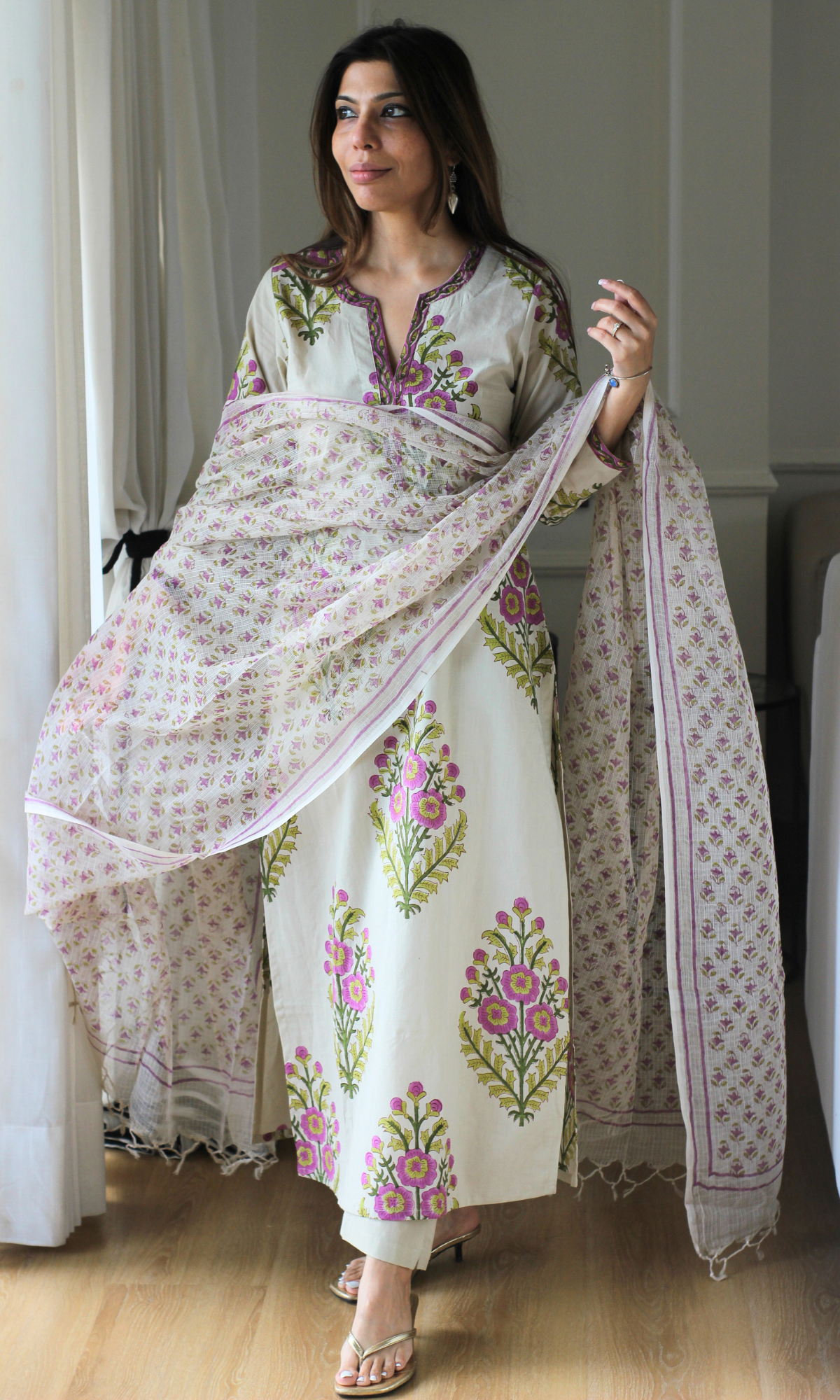 Saira Kahani Mughal Lavender Cotton Kurta, Pant & Kota Doria Handblock Print Dupatta