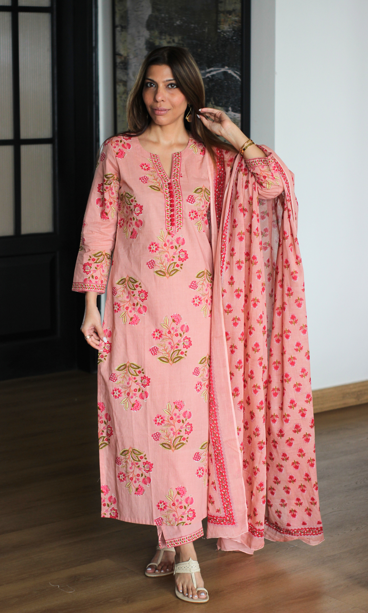 Blush & Red Mughal Print Kurta, Cotton Pants & Cotton Printed Dupatta