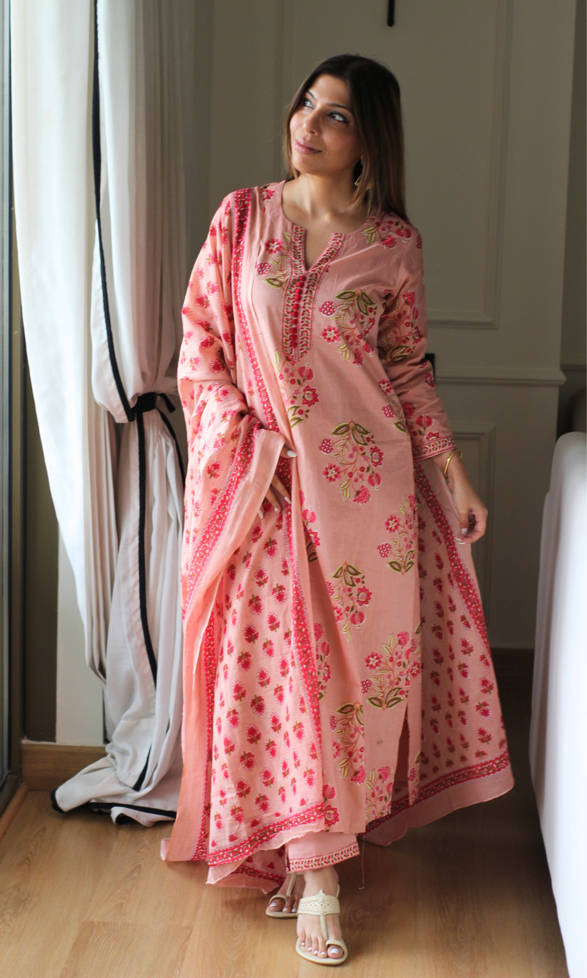Blush & Red Mughal Print Kurta, Cotton Pants & Cotton Printed Dupatta