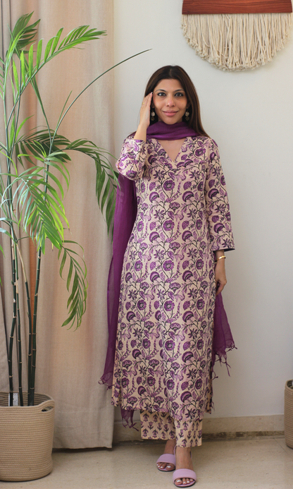 Cotton Dusty Lilac Dabu Print Kurta, Pant & Kota Doria Dupatta