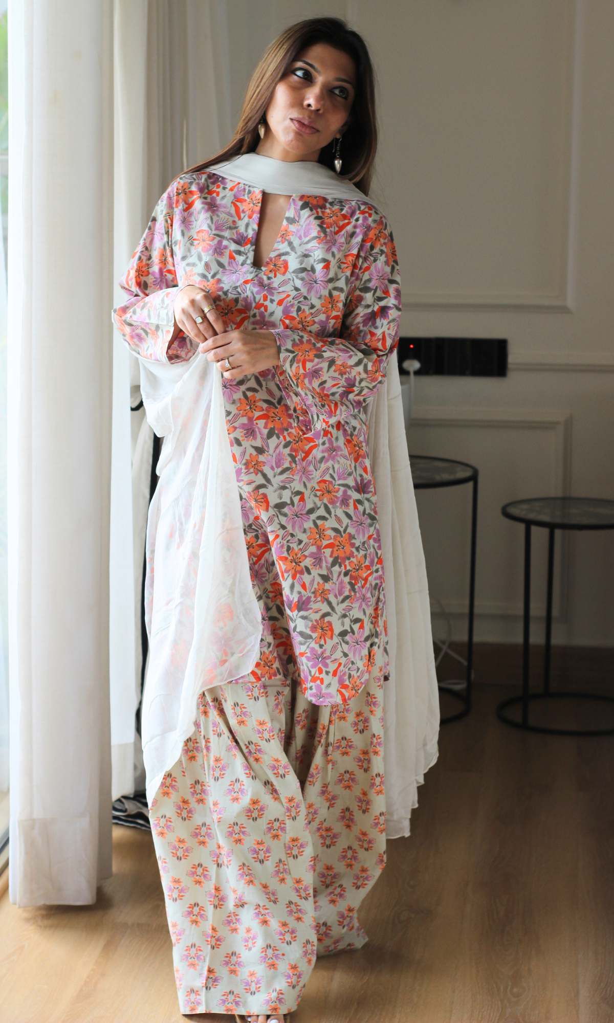 Sehej floral Cotton Kurta ,farshi salwaar & Chiffon Dupatta