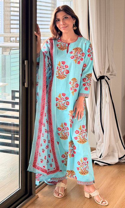 Sea Blue & Red Mughal Print Kurta, Cotton Pants & Cotton Printed Dupatta