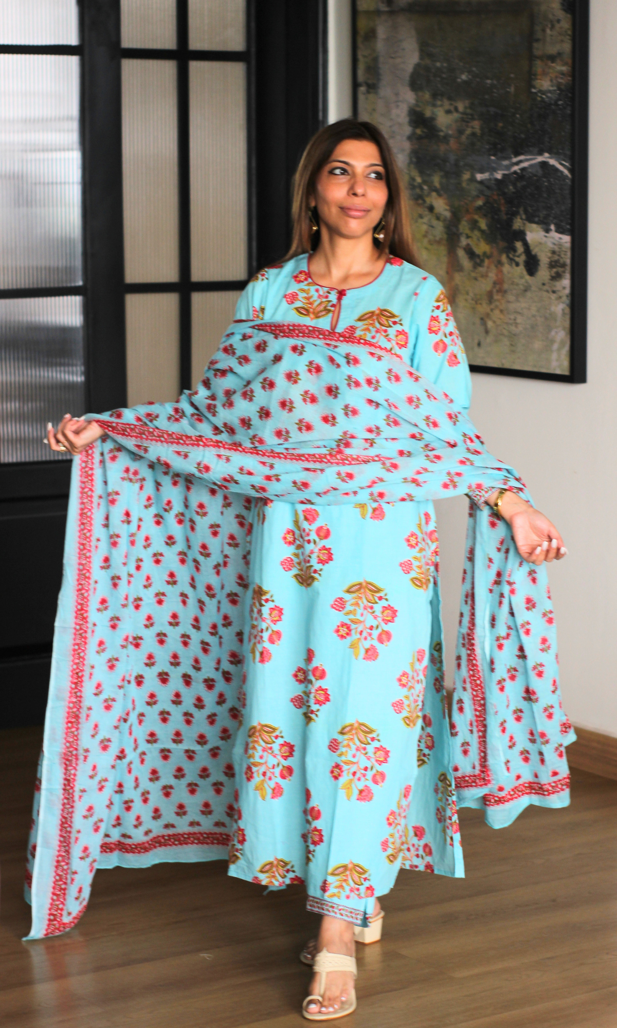 Sea Blue & Red Mughal Print Kurta, Cotton Pants & Cotton Printed Dupatta