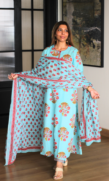 Sea Blue & Red Mughal Print Kurta, Cotton Pants & Cotton Printed Dupatta