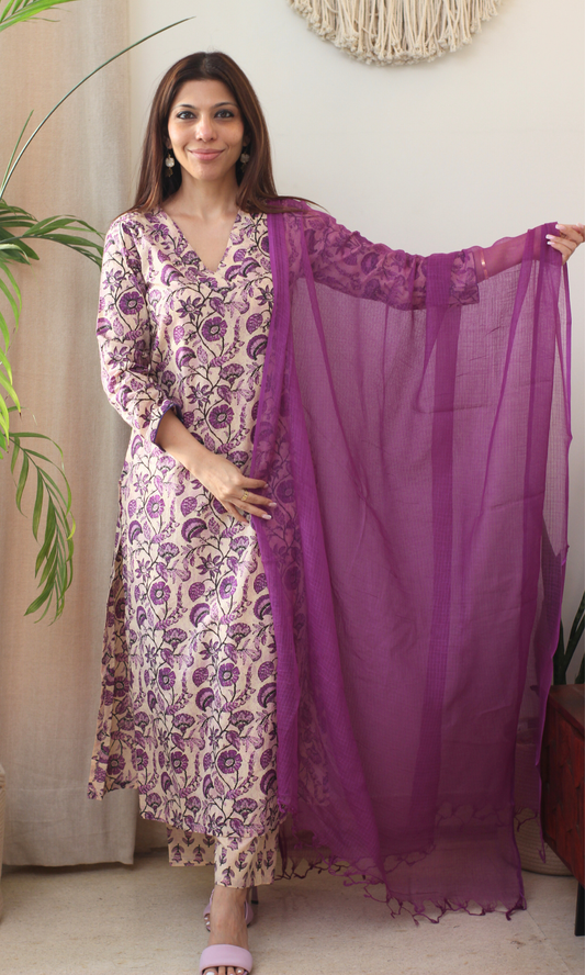 Cotton Dusty Lilac Dabu Print Kurta, Pant & Kota Doria Dupatta