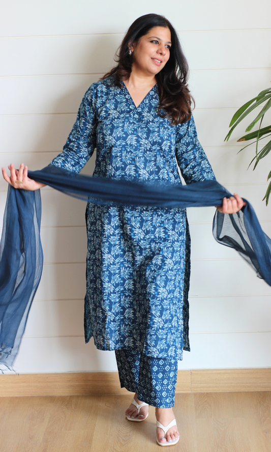 Indigo Block Print Cotton Kurta, Pant & Kota Doria Dupatta
