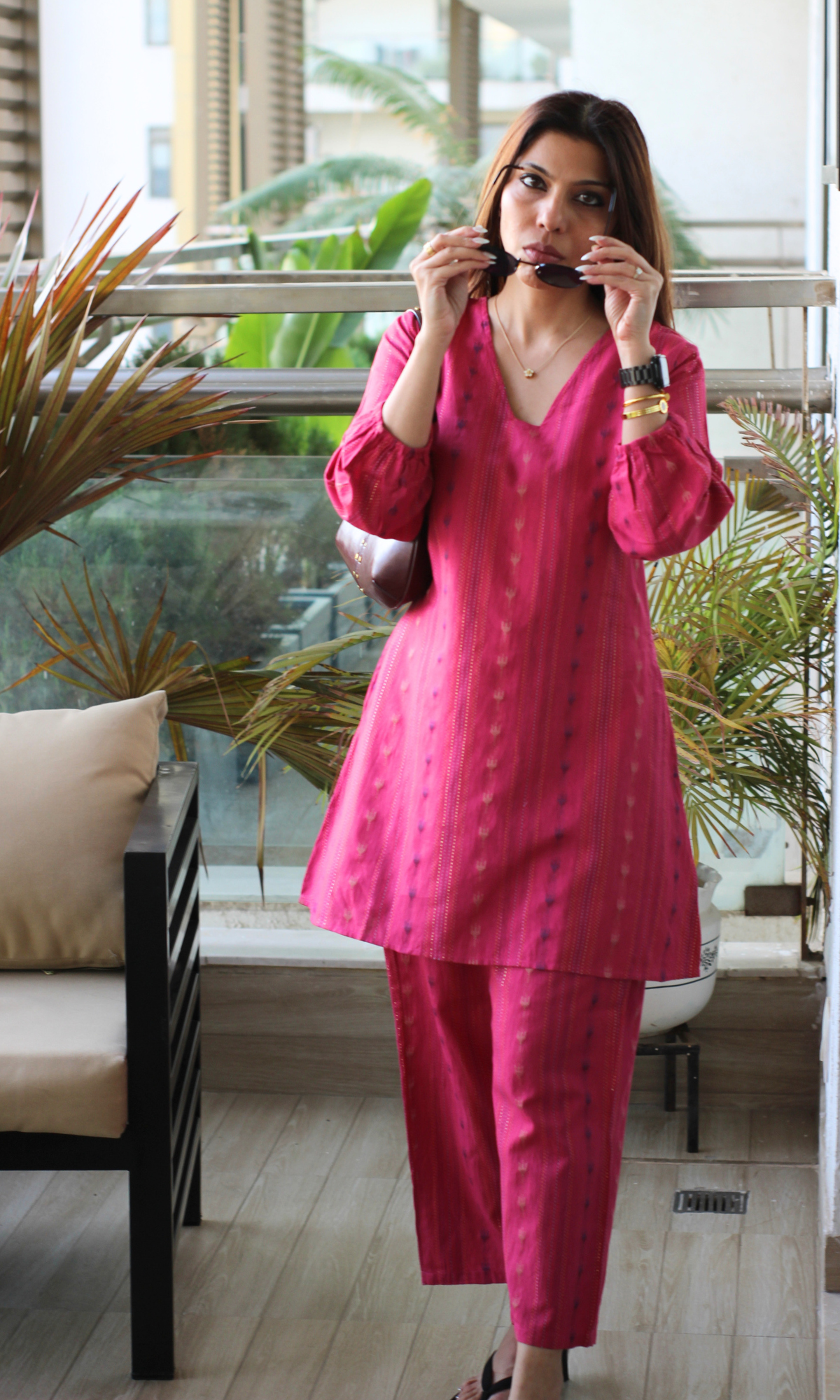 Fuchsia Pink Cotton Lurex Woven Co-ord