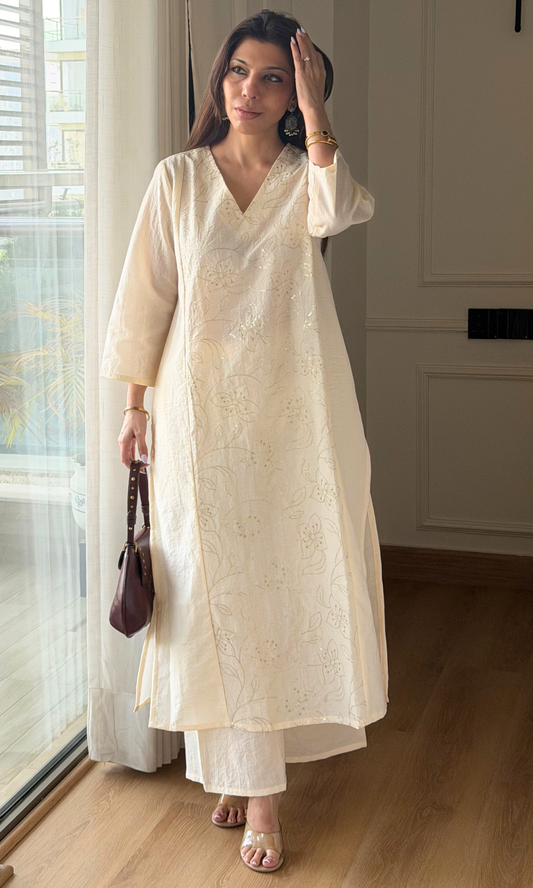Pearl Bloom Sequin Embroidered Kali Style Kurta with Palazzo