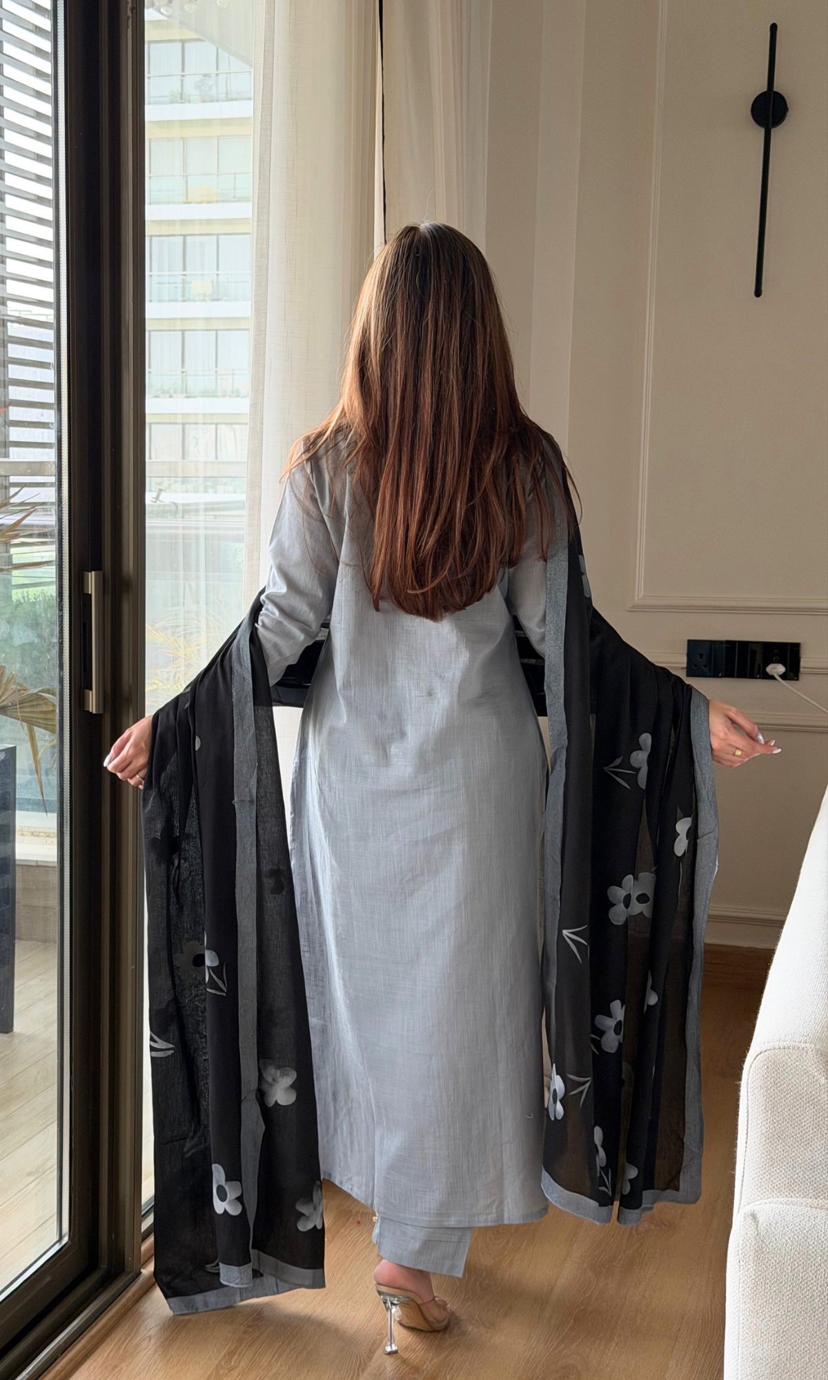 Mist Grey Slub Kurta, Pant with Black Cotton Handpainted Dupatta