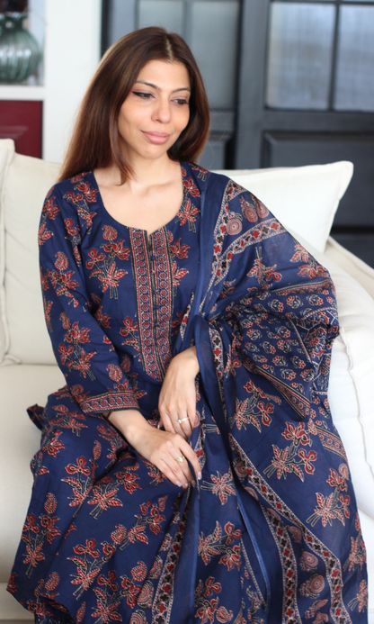 Cotton Neel Rani Ajrakh Print Suit with Cotton Printed Dupatta