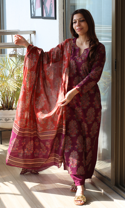 Cotton Burgandy & Rust Mughal Print Kurta, Dupatta with  Afgani Pants