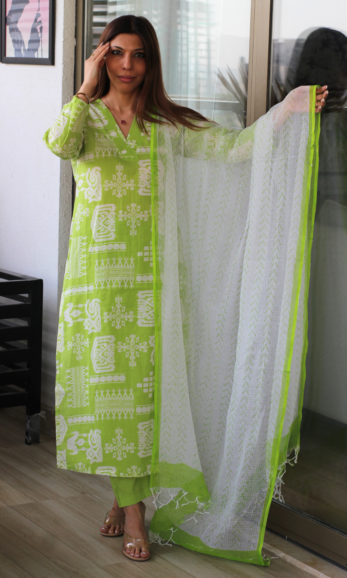 Cotton Lime Noir Print Kurta, Handblock Kota Doria Dupatta & Cotton Pants