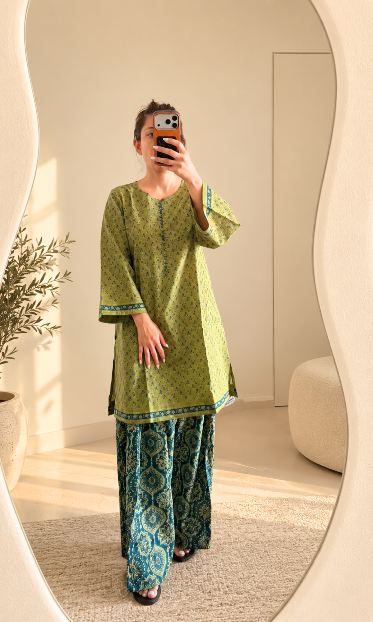 Olive & Blue booti Kurta with Kalamkari Farshi Salwaar
