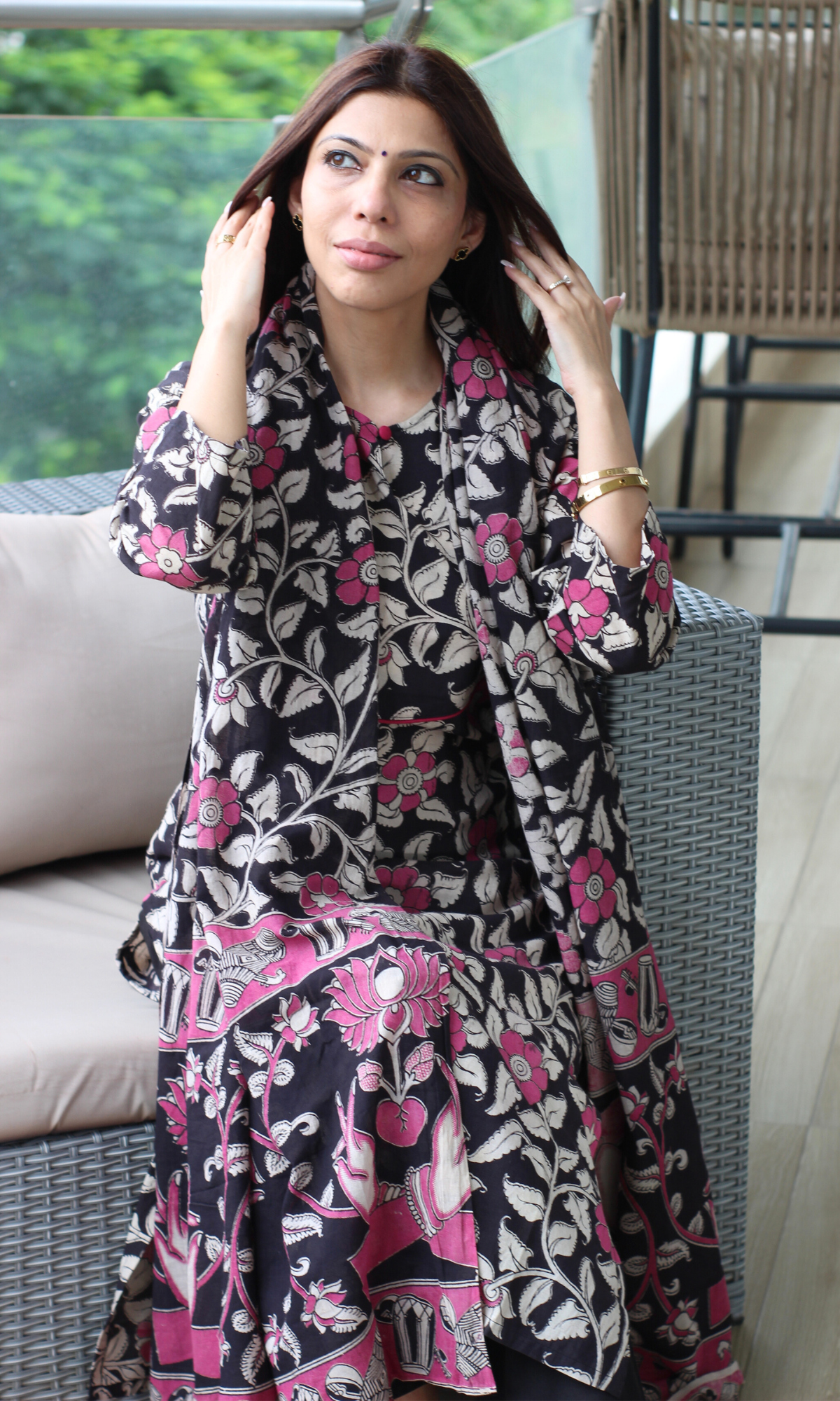Black & Pink Handblock Kalamkari Print Cotton Kurta, Dupatta & Plain Pants