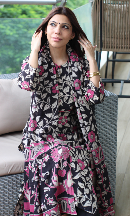 Black & Pink Handblock Kalamkari Print Cotton Kurta, Dupatta & Plain Pants