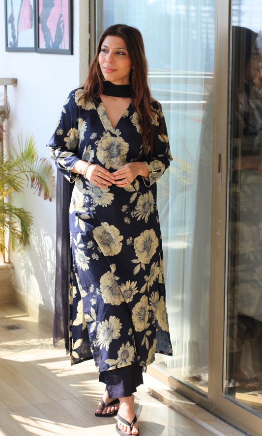 Navy Botanica Printed Kurta , Cotton Pants & Chiffon Dupatta