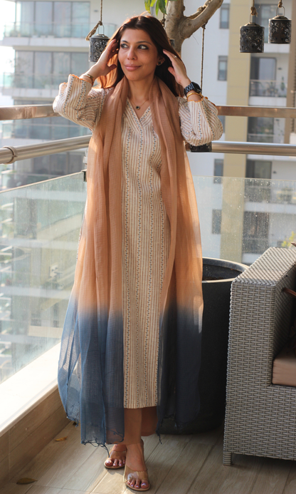 Beige Hazy Blue Woven Vertical Lines Kurta , Cotton Pants & Kota Doria Ombre Dupatta