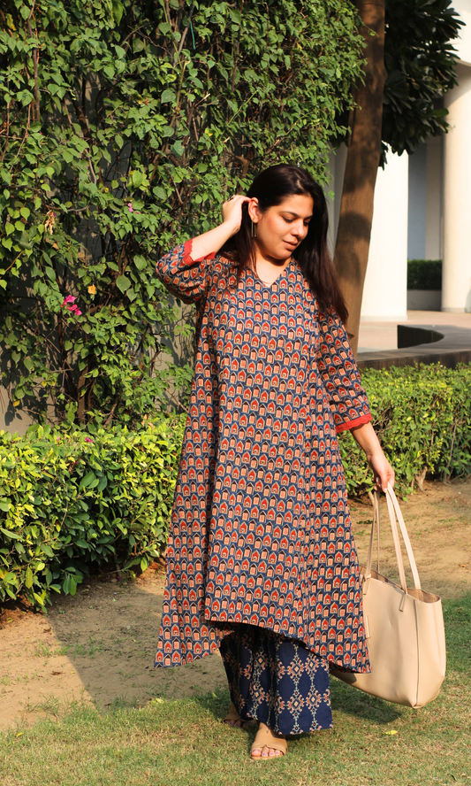 Cotton Navy Blue Palace Print High Low Kurta & Palazzo