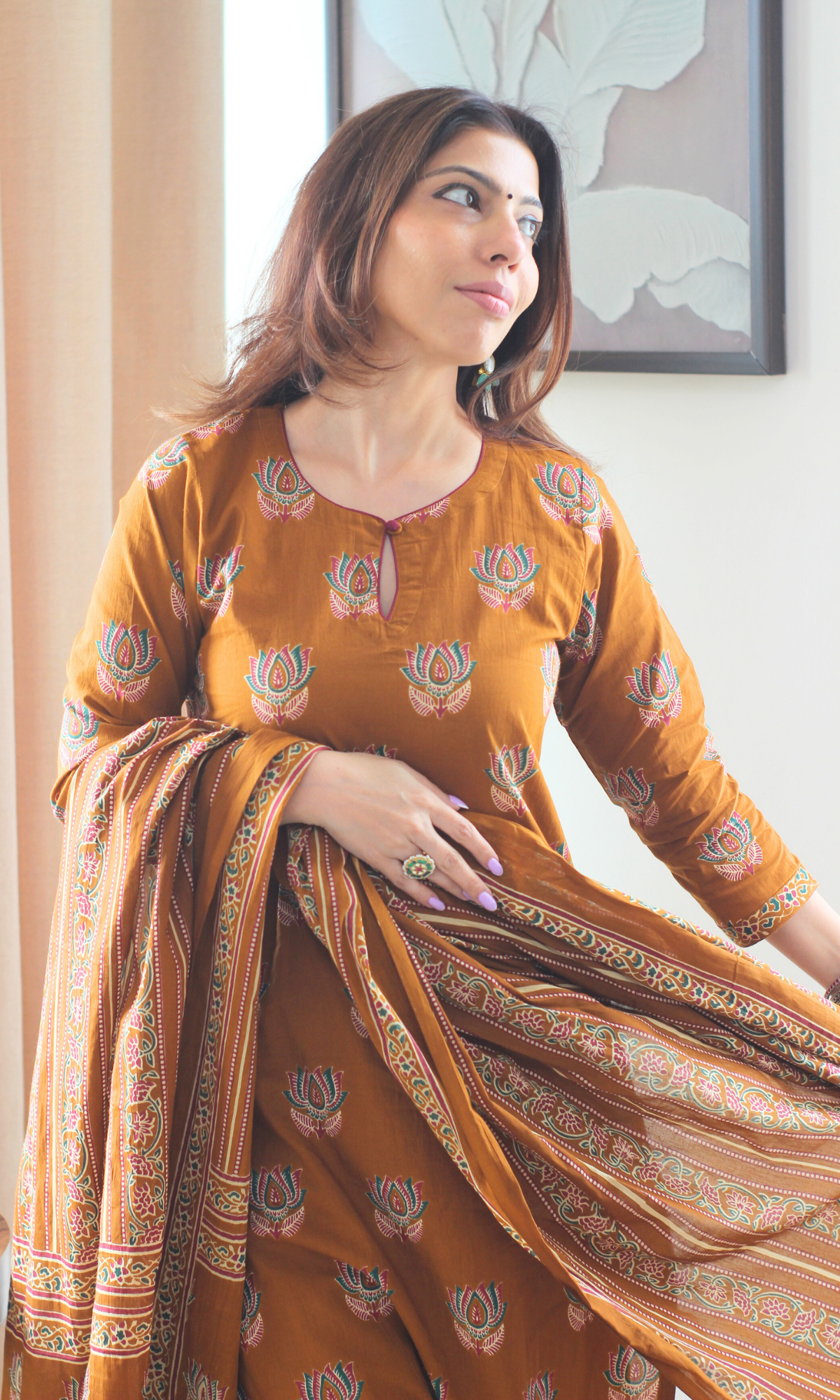 Cotton Mustard Lotus Mughal Kurta, Dupatta & Cotton Pants