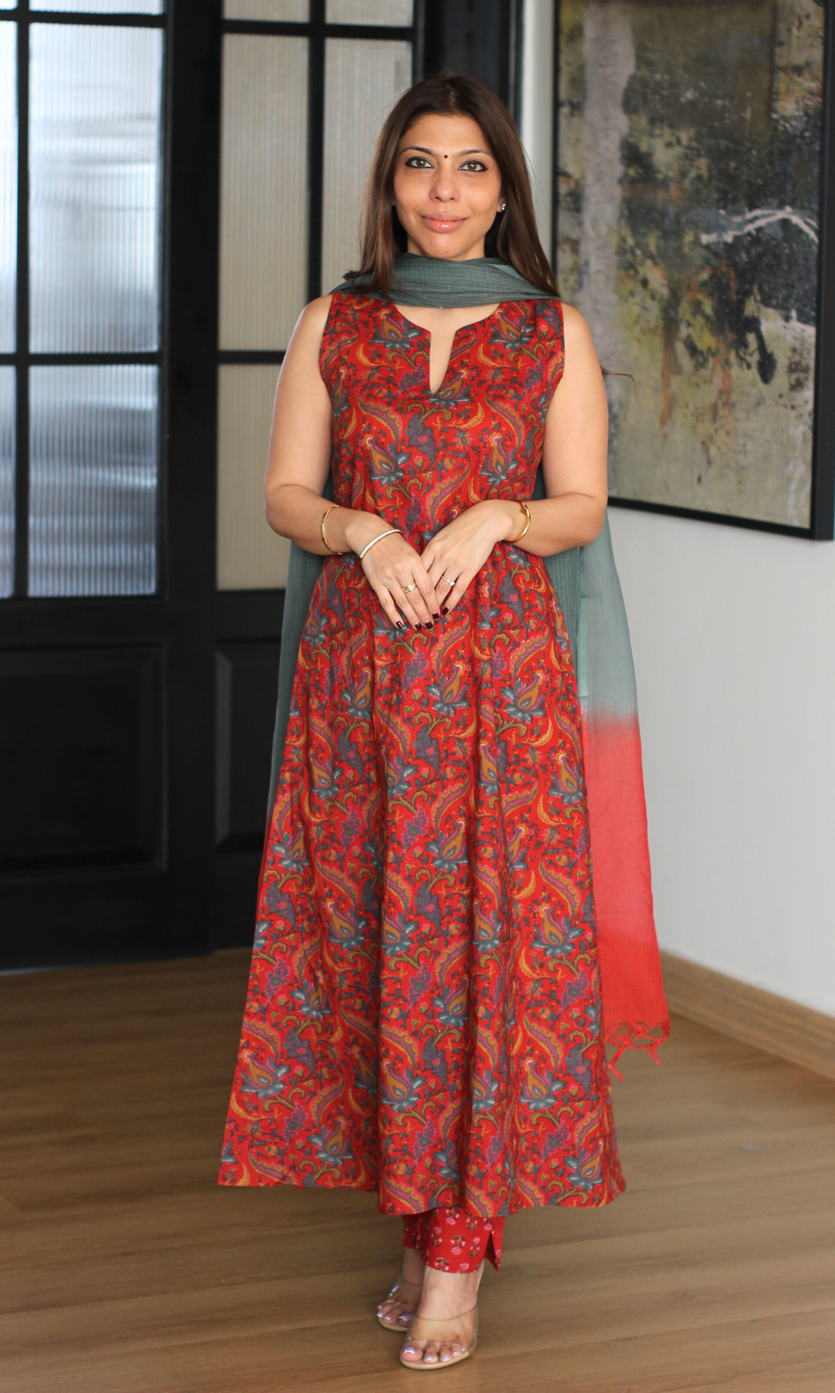 Gulnaar Red A Line Printed Kurta, Pant & Omre Kota Dupatta