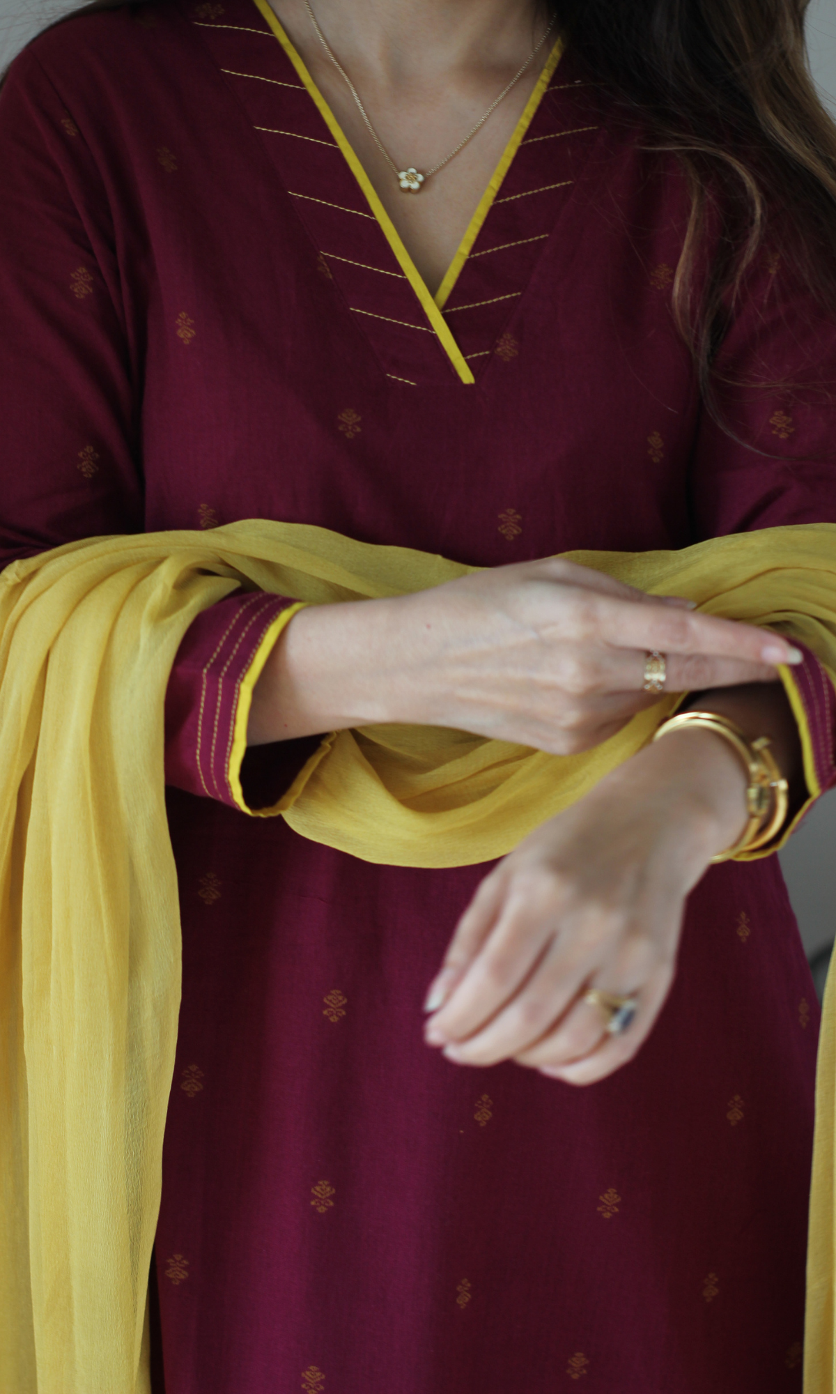 Plum Handloom Cotton Dobby Kurta, Pant & Chiffon Ombre Dupatta