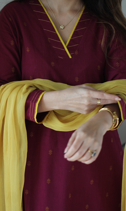 Plum Handloom Cotton Dobby Kurta, Pant & Chiffon Ombre Dupatta
