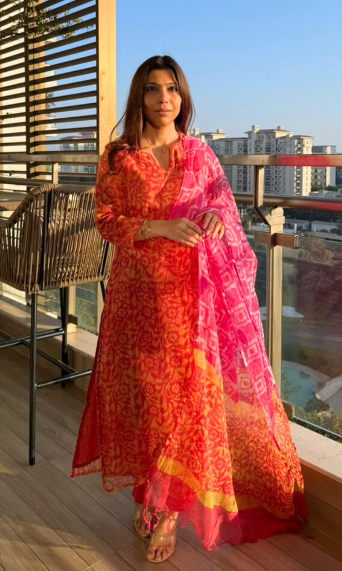 Kota Doria Carrot Red & Yellow Batik Print Kurta, Kota Dupatta & Cotton Pants