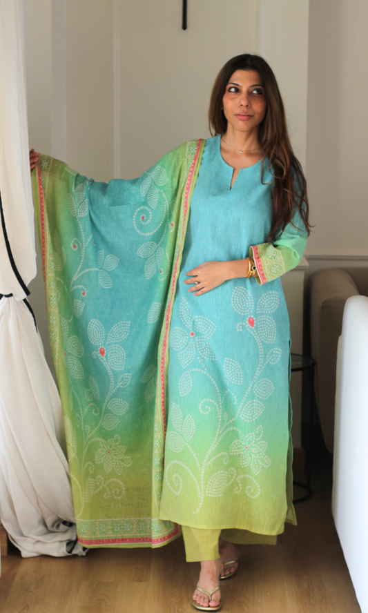 Mint Mirage Linen Blend Kurta , Dupatta & Cotton Pants