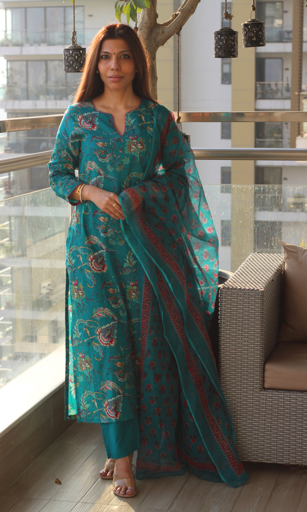 Teal & Pink Jaal Print Cotton Kurta ,Pant & Kota Doria Booti Dupatta