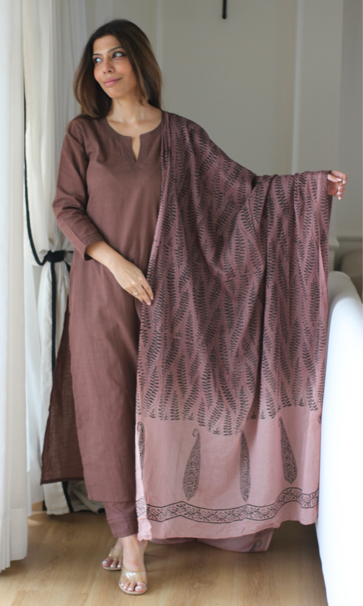 Hazel Cocoa Slub Kurta, Pant & Handblock Print Dupatta