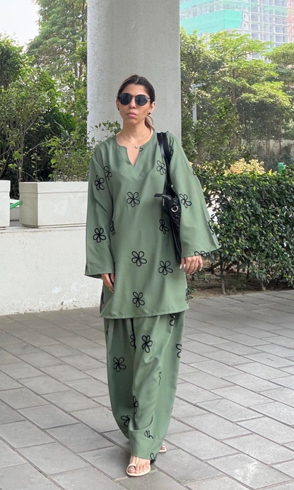 Dusty Sage Flower Embroidered Farshi Co-ord