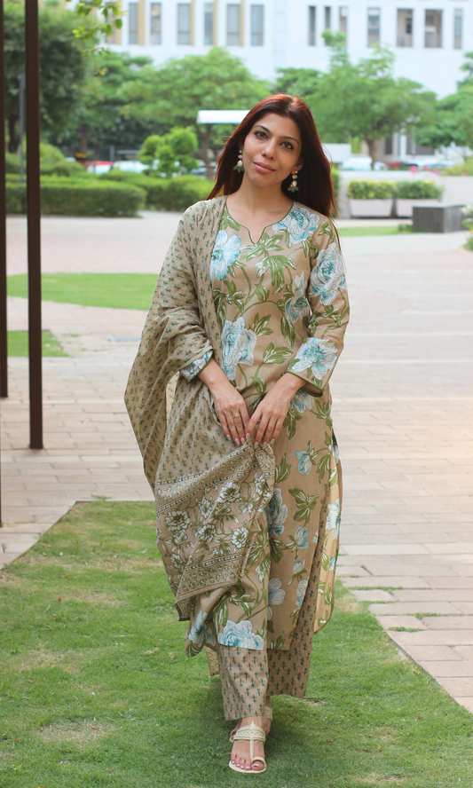 Cotton Caramel Bloom Print Suit with Cotton Printed Dupatta