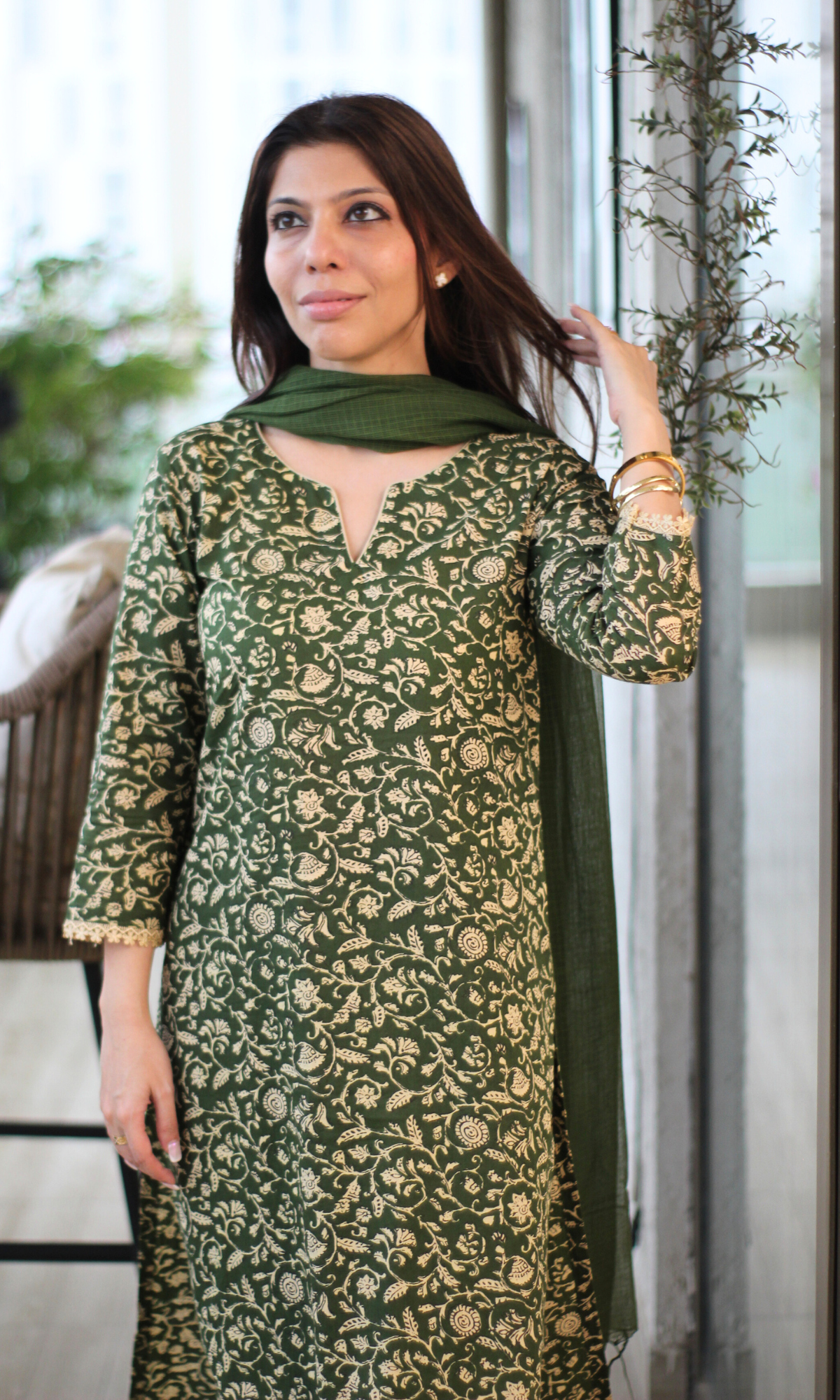 Deep Green Baagh Printed Cotton Kurta, Pant & Kota Doria Dupatta