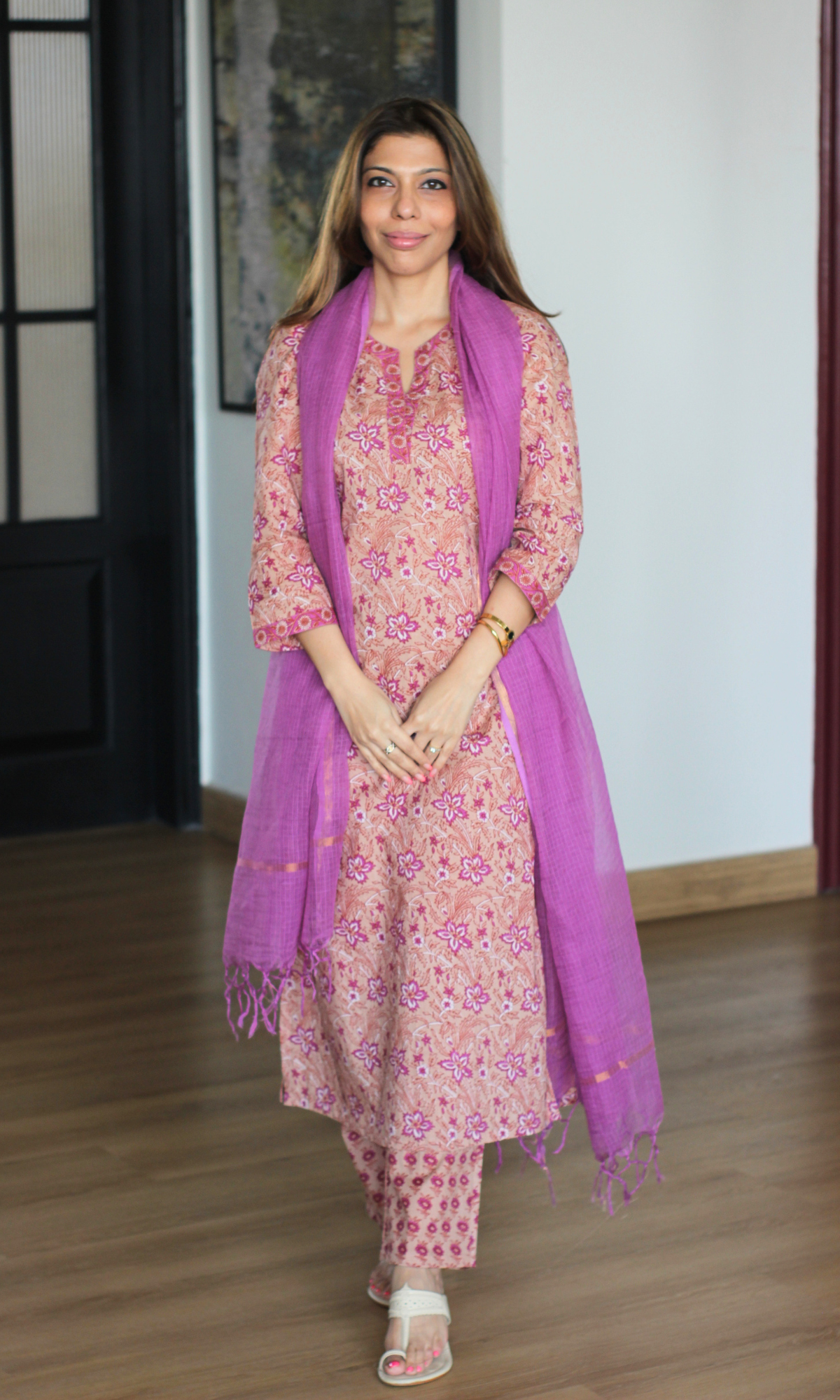 Berry Mauve Floral Print Kurta, Pant & Kota Doria Dupatta