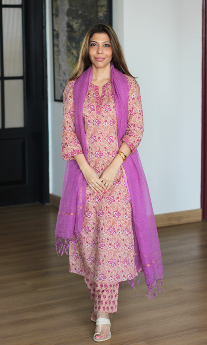 Berry Mauve Floral Print Kurta, Pant & Kota Doria Dupatta