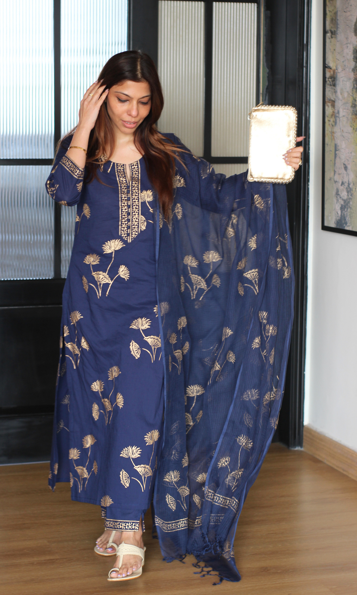 Navy Rangreza Gold Handblock Mughal Print Kurta, Cotton Pants & Kota Doria Dupatta