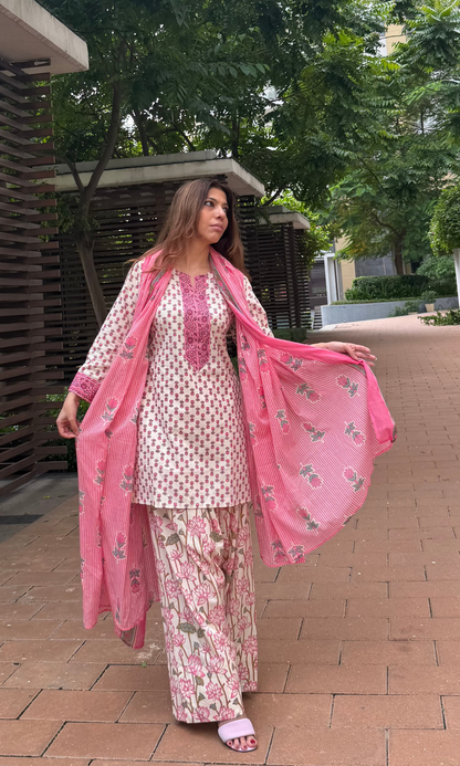 Meera Pink Floral Kurta, Farshi Salwaar & Cotton Printed Dupatta