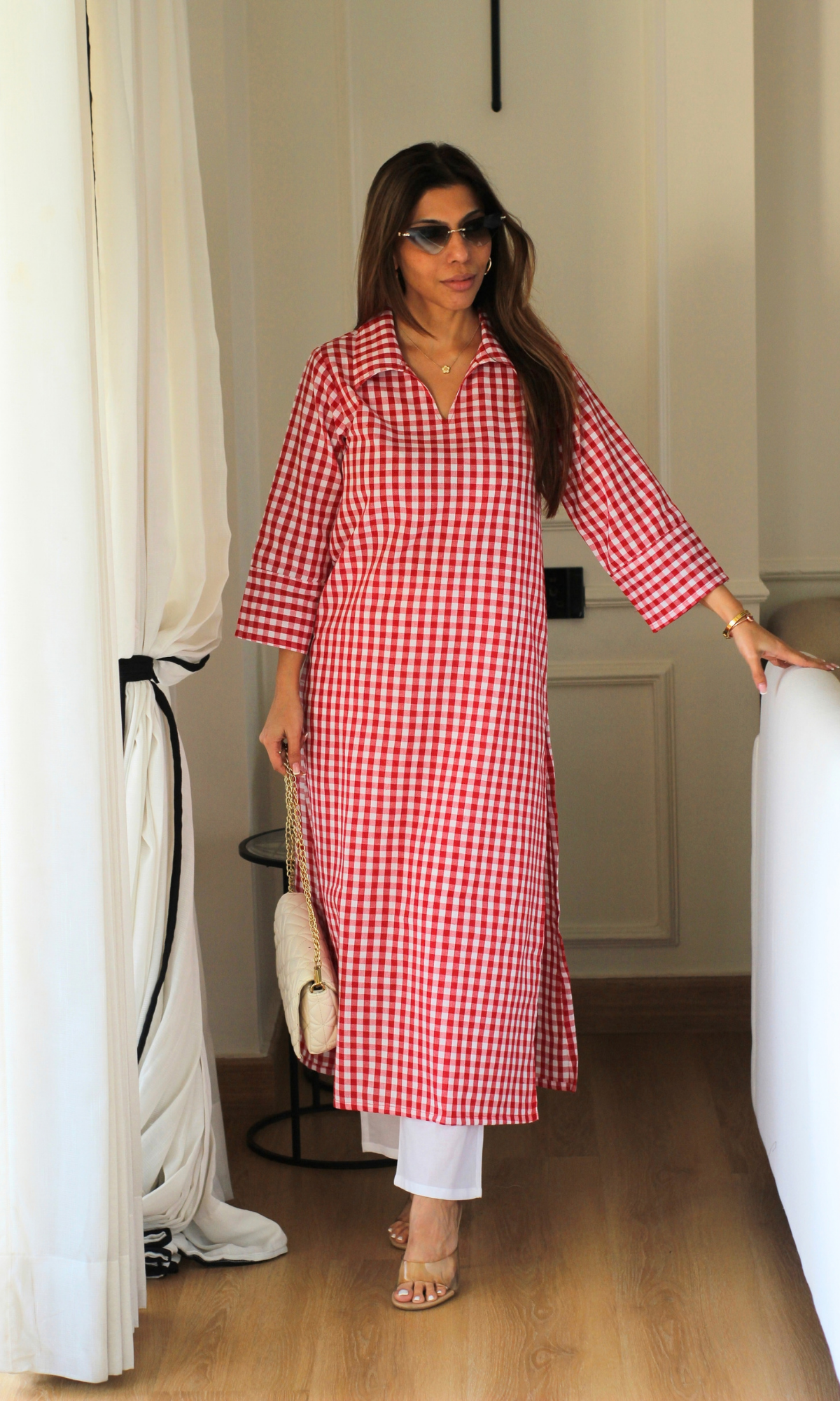 Red Checkered Collared Kurta with Cotton Pants