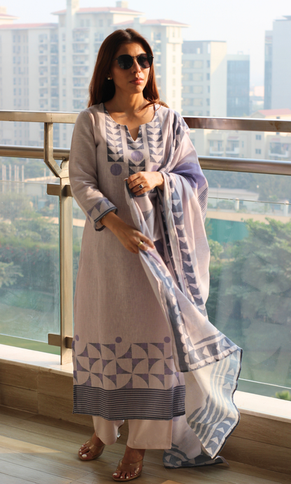 Linen Blend Dusty Lavender Abstract Print Kurta, Dupatta & Cotton Pants
