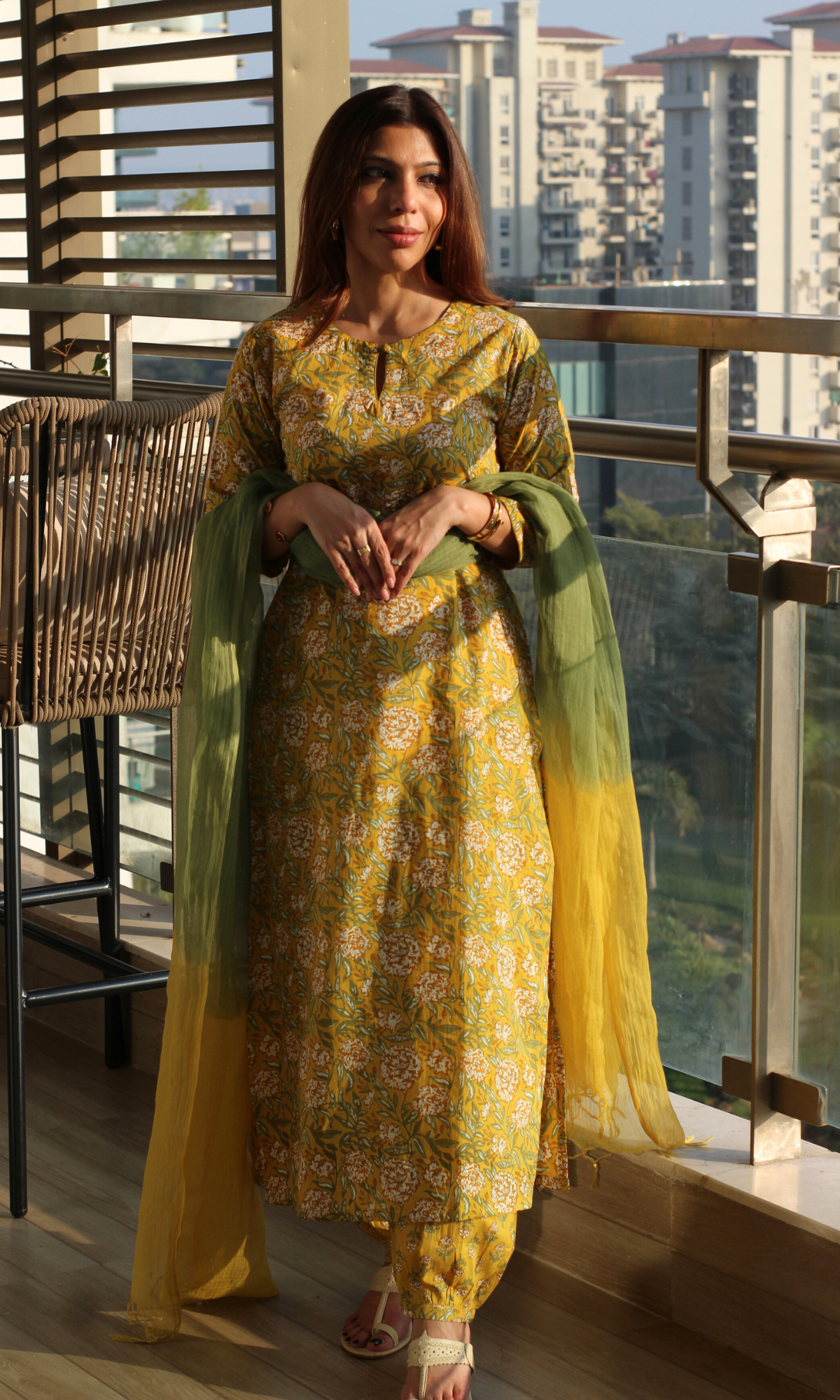 Cotton Yellow & Green Block Printed Kurta , Afghani Salwar and Kota Doria Ombre Dupatta