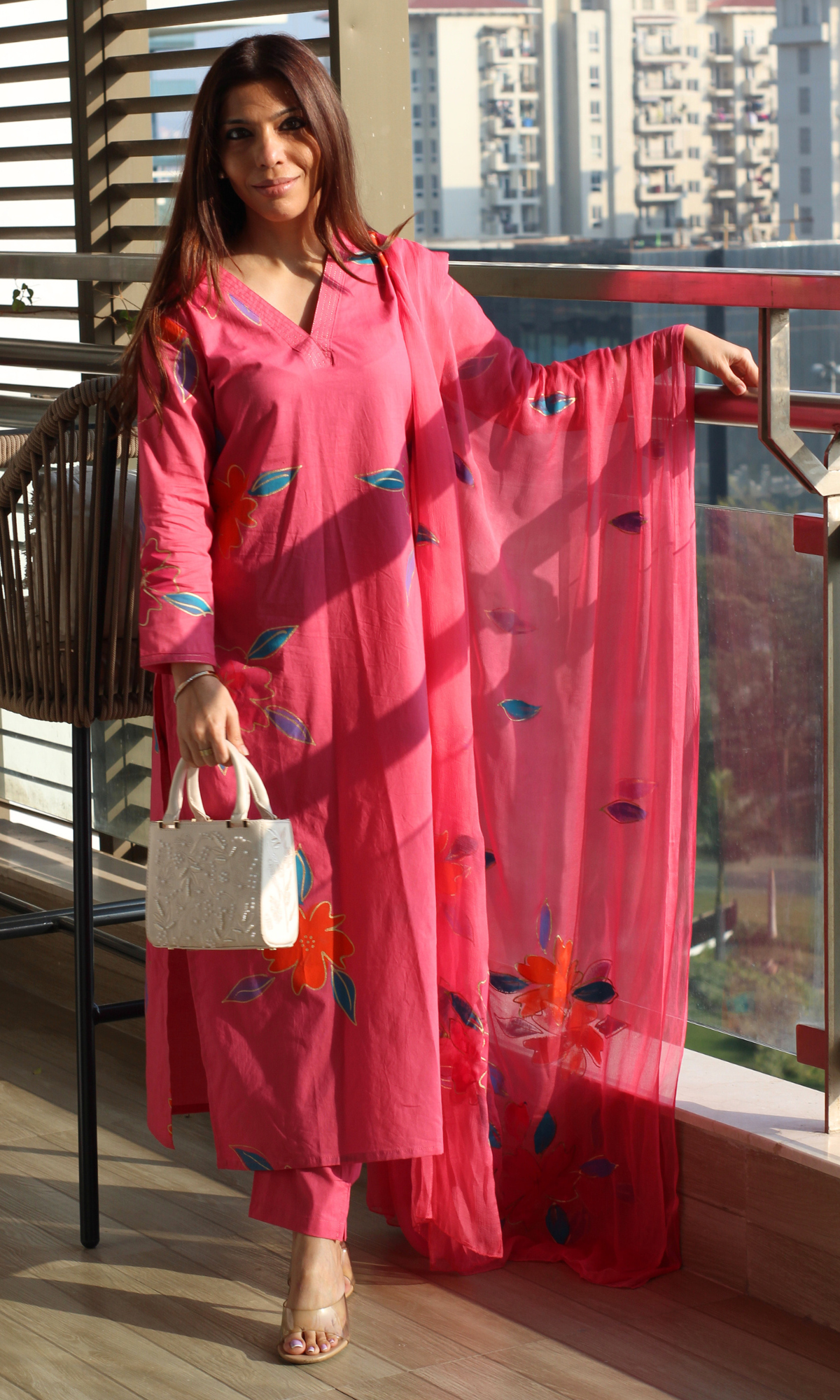 Cotton Berry Pink  Handbrush Painted Suit with Chiffon Handpainted Dupatta
