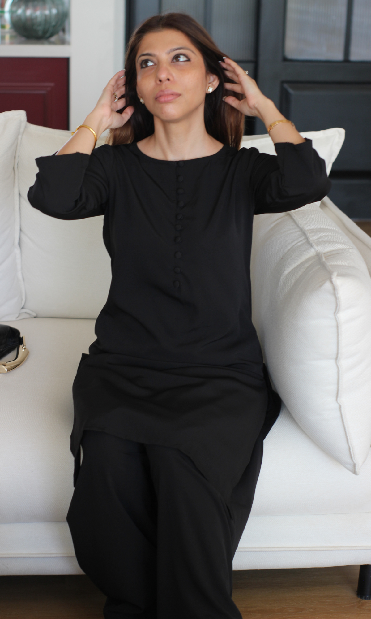 Black Glossy Boat Neck Buttoned Kurta with Farshi Salwaar