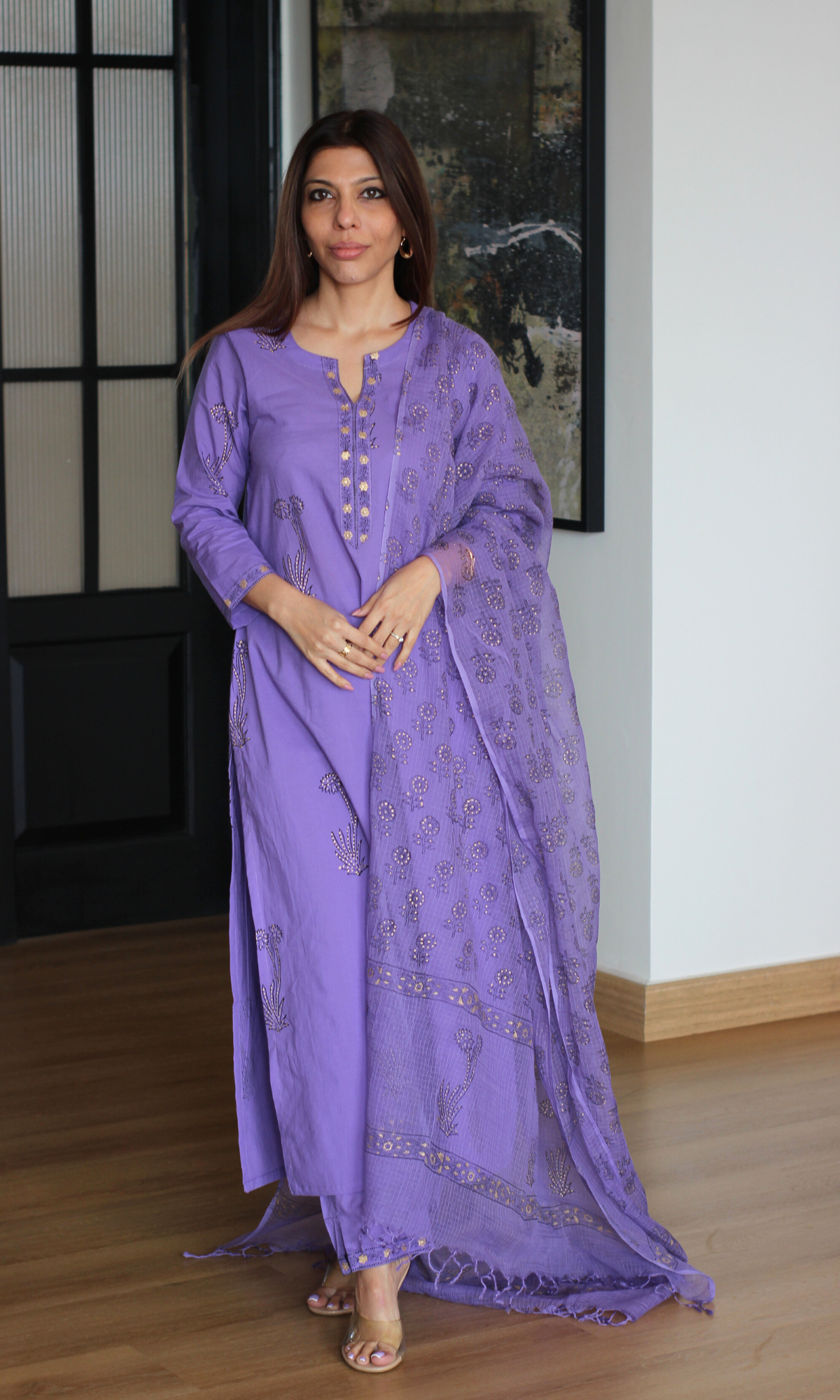 Cotton Orchid & Gold Handblock Mughal Print Kurta , Pants & Printed Kota Doria Dupatta