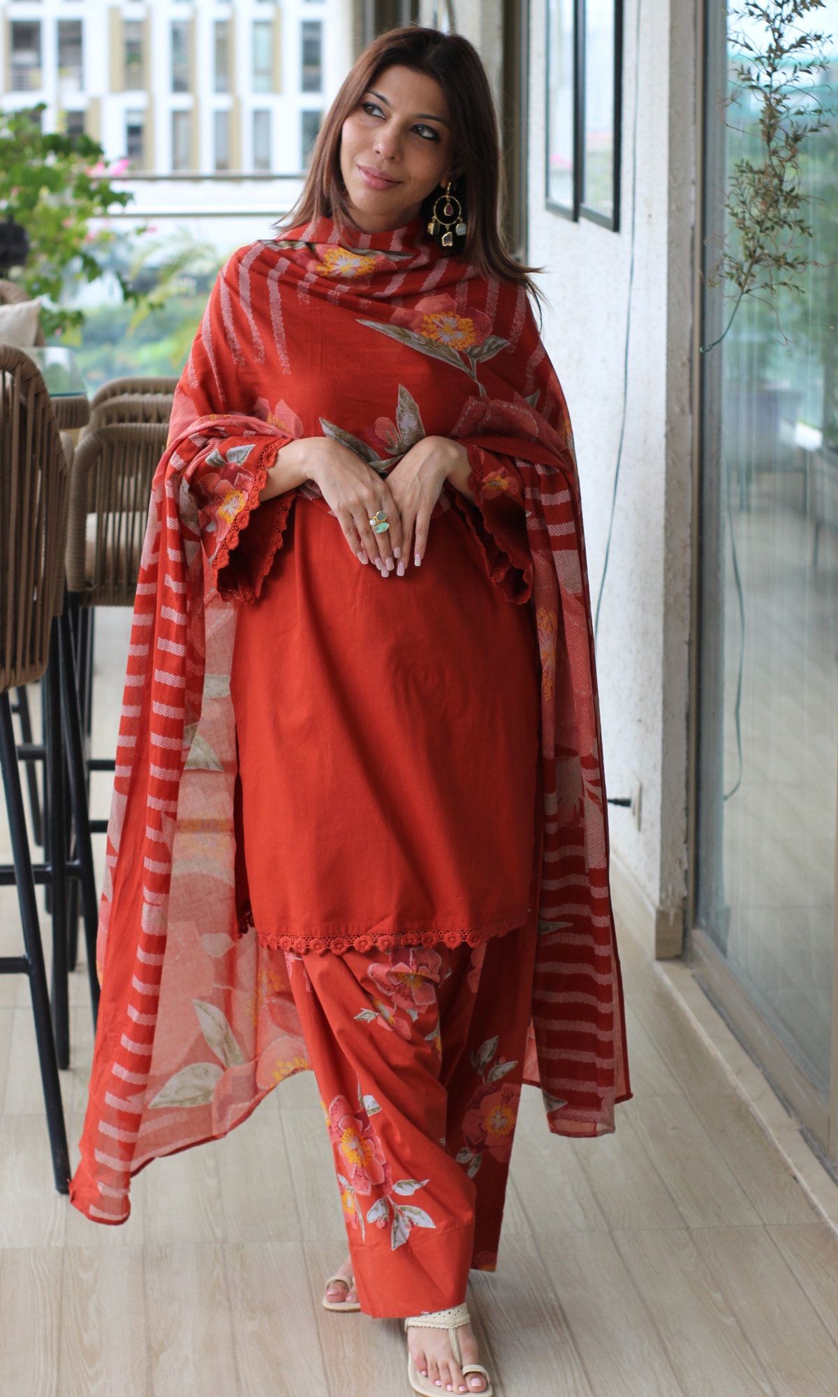 Tangerine Gulzar Kurta with Farshi Salwar & Cotton Dupatta