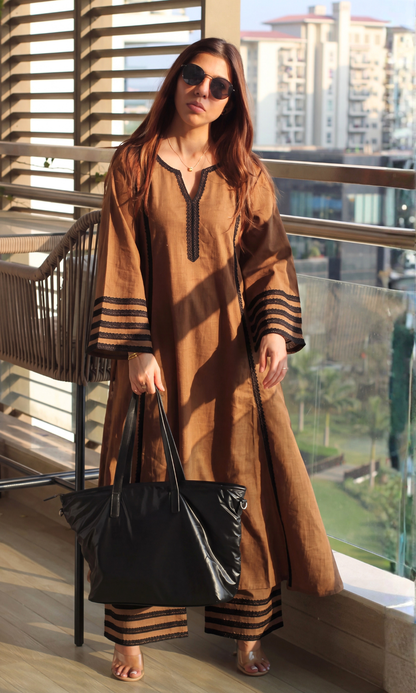 Cotton Slub Brown Laced Kali Kurta with Laced Palazzo